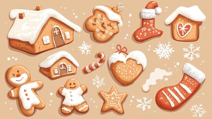 Set watercolor elements with Gingerbread cookies,Cute christmas gingerbread man and girl,New Year,menu,season greeting,xmas,sweet homemade biscuits in the form of different characters,holiday items.