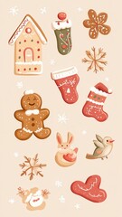 Naklejka premium Set watercolor elements with Gingerbread cookies,Cute christmas gingerbread man and girl,New Year,menu,season greeting,xmas,sweet homemade biscuits in the form of different characters,holiday items.