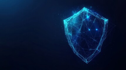 Guard shield. Cybersecurity concept with glowing low poly shield on a dark blue background. Wireframe low poly design. Abstract futuristic vector illustration. 