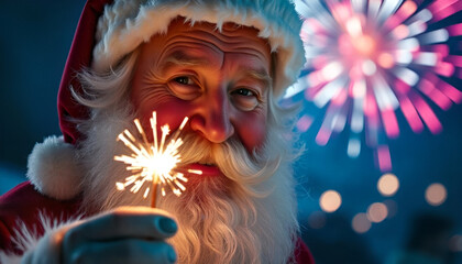 An elderly close up Caucasian man with a long white beard and mustache wearing a Santa Claus costume, smiling and holding a sparkler in front of his face