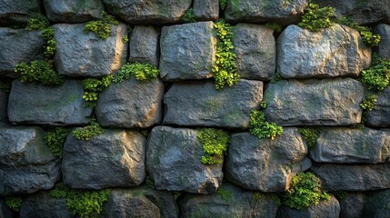 A close-up of a stone wall with green plants growing in the cracks.