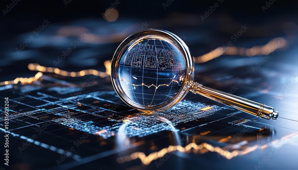 Poster magnifying glass over digital financial data with glowing graphs, representing analysis and insight.