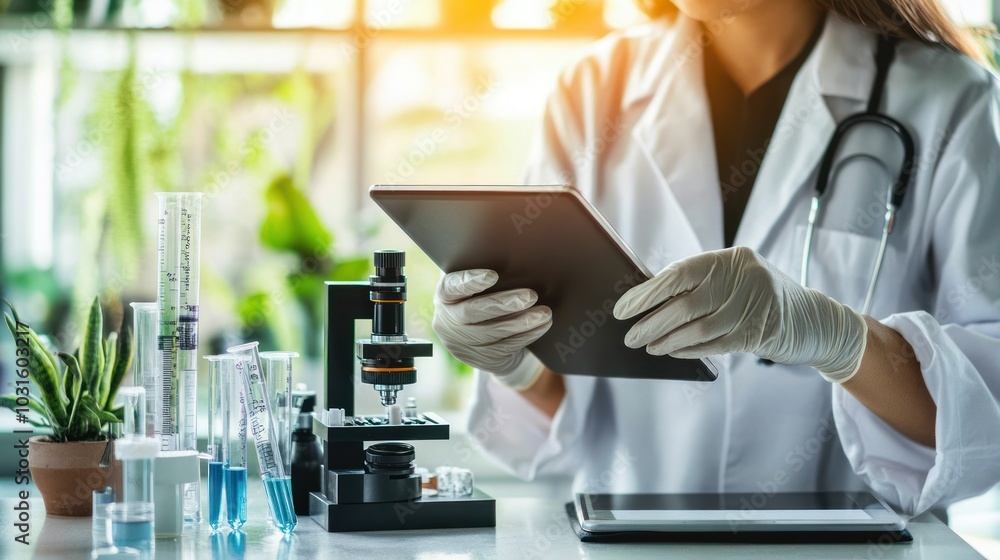 Poster Scientist in Lab Coat Using Tablet Near Microscope and Test Tubes