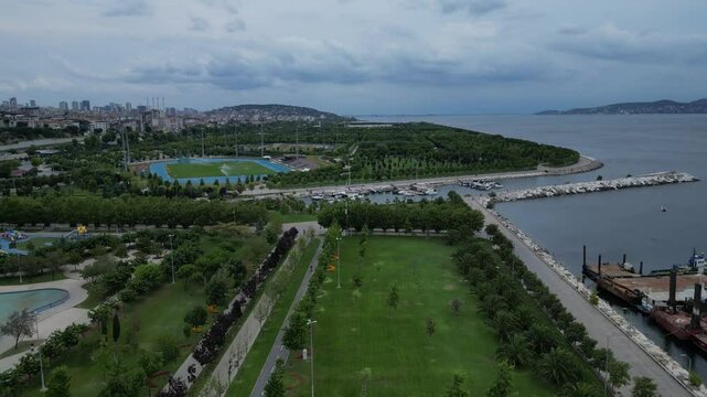 Istanbul, Turkey - Aerial view of park in Maltepe district on the Marmara Sea coast of the Asian side.