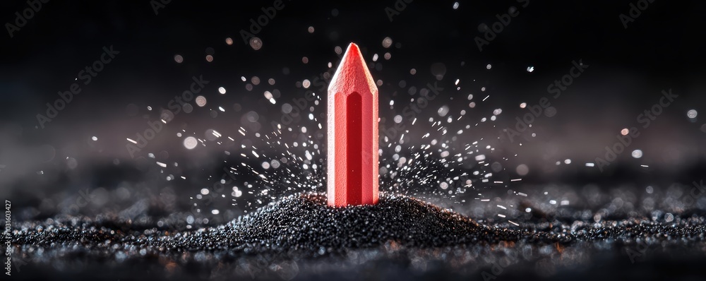 Poster red pencil creating splashes on a dark background, emphasizing artistic creativity and expression.