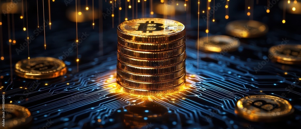 Poster stack of bitcoin coins shining in digital circuit background, representing cryptocurrency and blockc