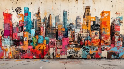 Fototapeta premium Colorful urban cityscape mural on a concrete wall with spray paint and graffiti.