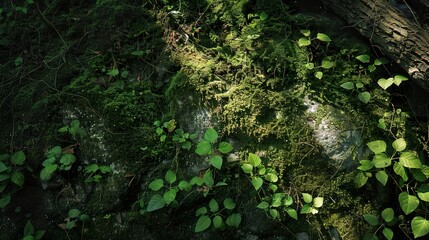 Green Moss and Leaves on Forest Floor