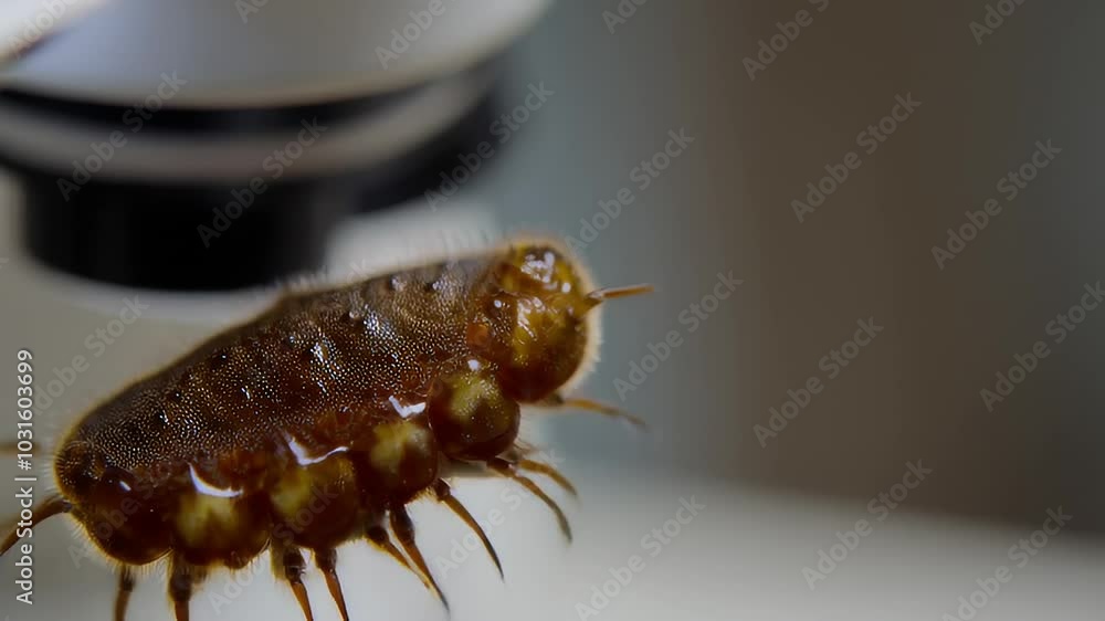 Poster close-up image of a brown insect under a microscope with sharp details and soft lighting