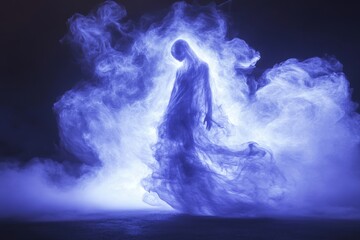 A woman is standing in a blue smoke, with her arms outstretched