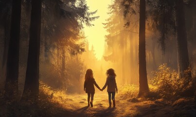 Fototapeta premium Two girls walk through a misty forest.