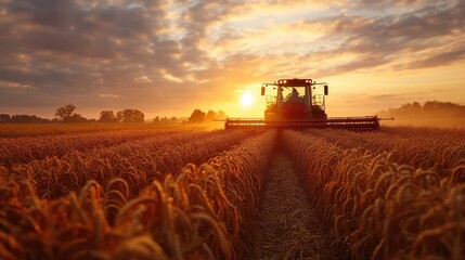 Fototapeta premium A red tractor harvests a golden wheat field at sunset. The sun is setting behind the tractor and casts a warm glow over the field.