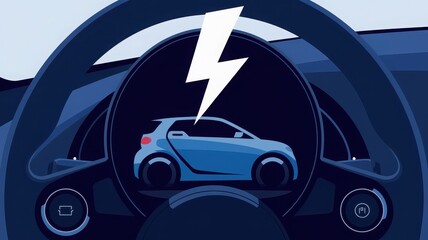 Stylized depiction of an electric car dashboard with electric bolt symbol.