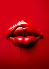 Naklejka premium Close up of female lips with glossy red lipstick on red background.