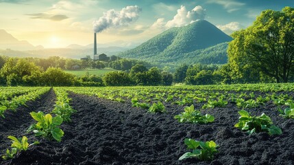 A field of young plants growing in the foreground, with a factory and a mountain range in the background. The sun shines through the clouds in the sky.