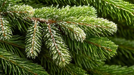 Fototapeta premium Closeup of lush green Christmas tree branches with twinkling lights, textured pine needles, perfect for festive designs, blurred background for text space