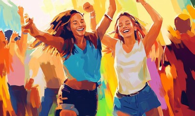 Obraz premium Two laughing women dancing with arms raised.