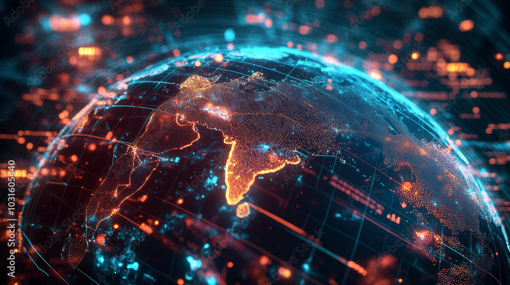 Poster a global map shows how data travels around the world, highlighting risks like cyberattacks and the n