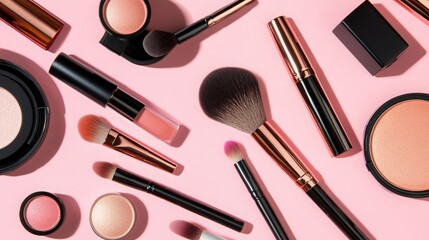 Makeup cosmetics on a pink background. -