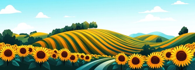 A Field of Sunflowers Blooming on a Hillside with a Winding Road
