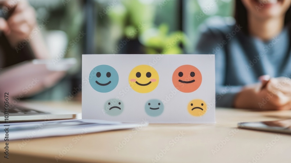 Poster a visually appealing image of a customer interacting with a feedback scale featuring five emoji opti