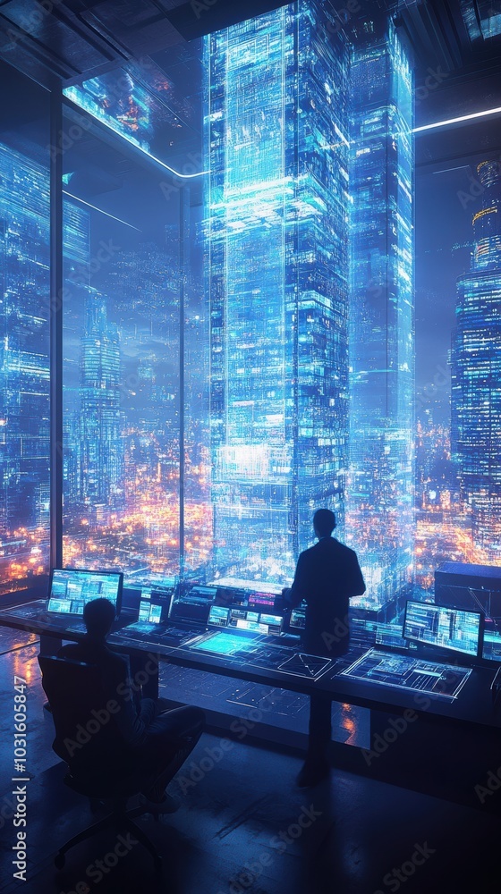 Poster architects in a futuristic studio using augmented reality to design a skyscraper.