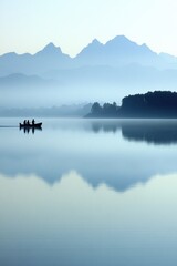Naklejka premium A serene lake scene with mountains in the background and a boat with people on the water.