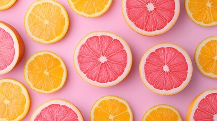 Grapefruit slices creating a dynamic and colorful background, radiant pink pulp and bright yellow peels, juicy citrus pattern, Fresh citrus, Colorful fruit backdrop