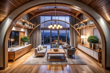 Obraz premium Modern Interior Design at Night: Wooden Arch, White Walls, Cozy Ambiance, Trendy Decor, Elegant Lighting, Contemporary Style, Minimalist Aesthetic, Chic Home, Stylish Living Space