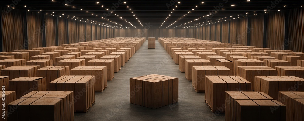 Sticker Rows of Wooden Boxes in a Warehouse.