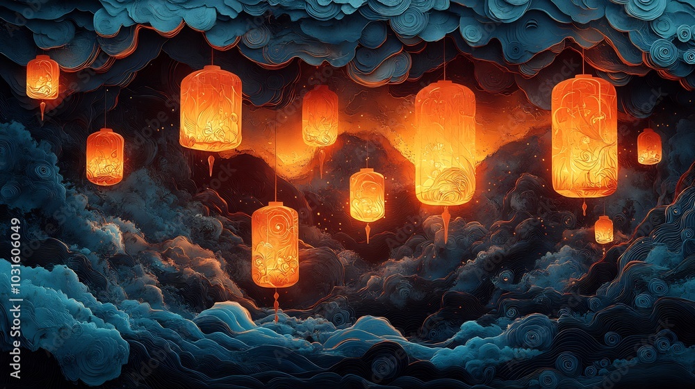 Poster intricate paper cut style illustration featuring multiple glowing lanterns intertwined with swirling