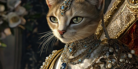 Fototapeta premium A cat wearing a golden jeweled collar.