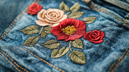 A close-up view of a pair of blue jeans with a 3D design of embroidered flowers. The design features a patch with roses and poppies.