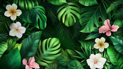 Nature background. Tropical green leaves, exotic plants, flowers, botanical border, floral banner, card design. Leaf greenery, lush garden, wild thickets, botany pattern. Flat vector illustration. 