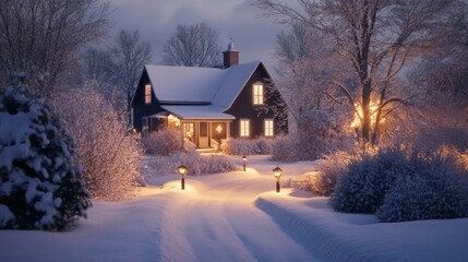 A charming house rests in a tranquil snowy landscape during the evening. Soft light glows from the...