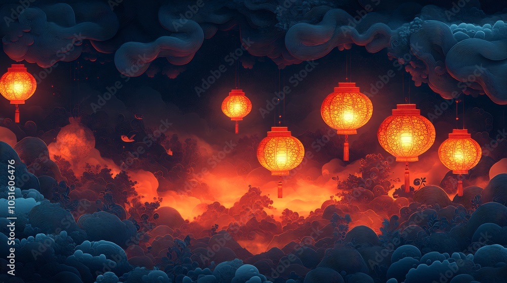 Poster intricate paper cut style illustration featuring multiple glowing lanterns intertwined with swirling