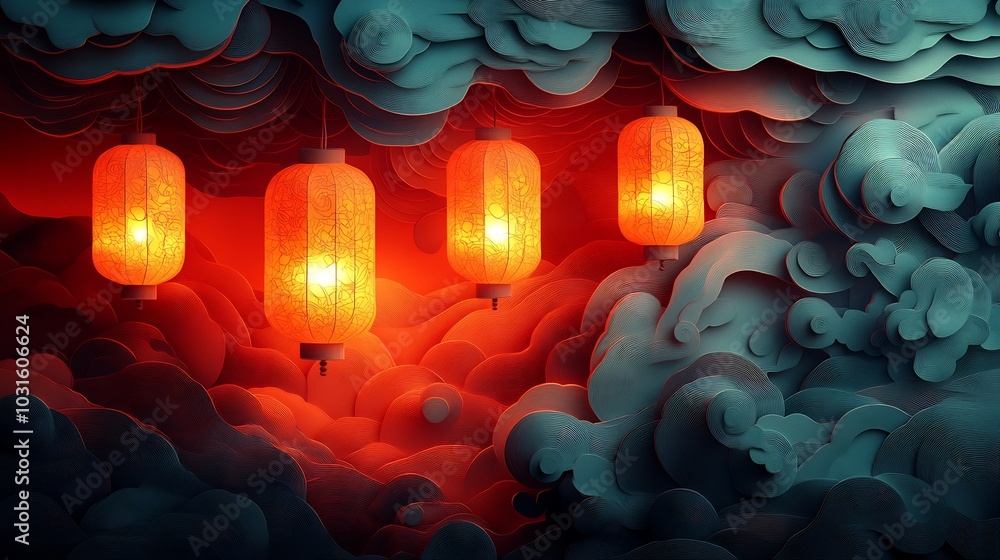 Poster intricate paper cut style illustration featuring multiple glowing lanterns intertwined with swirling