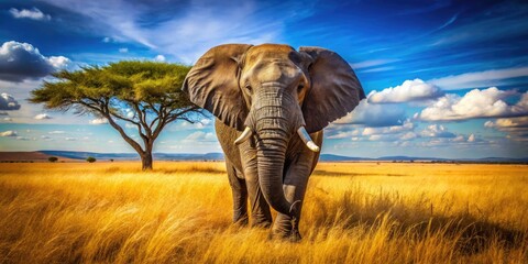 Fototapeta premium Majestic Elephant Gazing in the African Steppe: A Stunning Wildlife Scene in Natural Habitat, Perfect for Nature Lovers and Animal Enthusiasts, Capturing the Essence of African Wildlife Photography