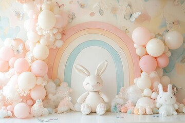 A baby's room with a pink and blue rainbow backdrop and a white stuffed rabbit