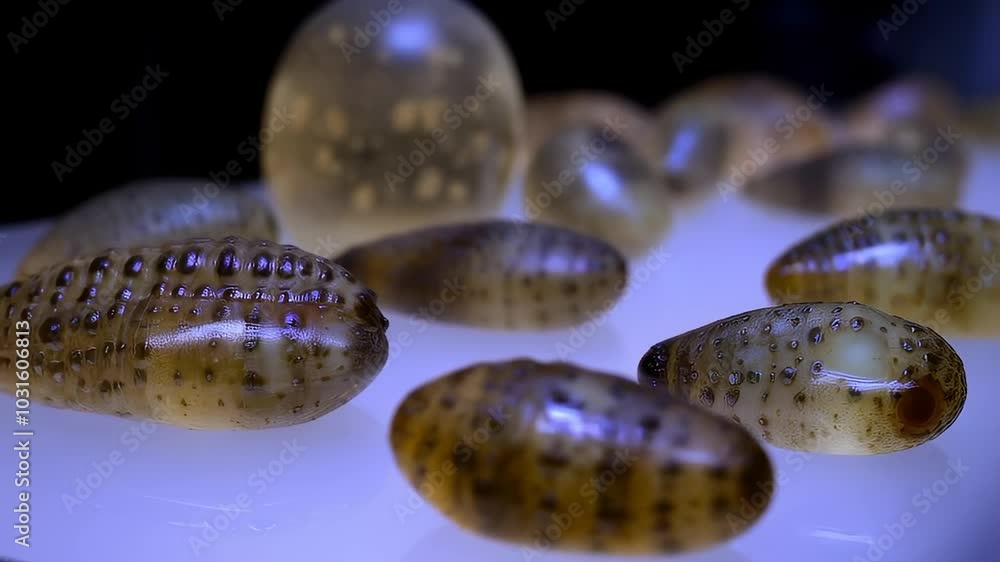 Poster close-up of marine organism shells displayed on illuminated surface in aquatic setting