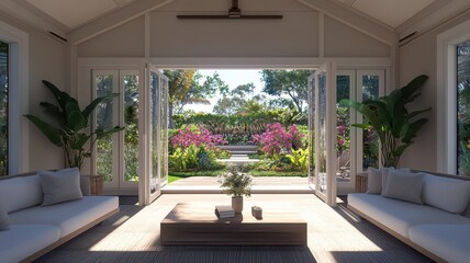 Fototapeta premium Bright sunlit room with modern decor and open folding doors revealing a vibrant flower garden outside.