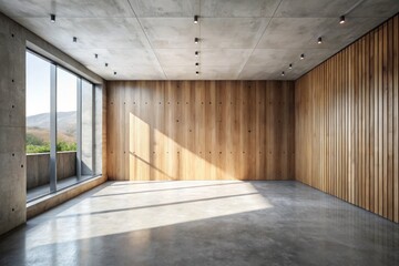 Modern Product Photography of an Empty Room Featuring Concrete Walls and Wooden Paneling Ideal for Minimalist Designs and Interior Decoration Concepts