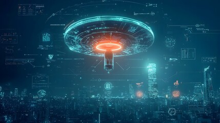 Fototapeta premium AI controlled drone missile homing in on a smart building in a futuristic metropolis skyline The scene depicts a high tech attack on advanced urban architecture