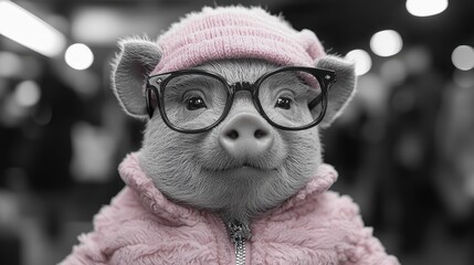 Fototapeta premium A fashionable pig wearing glasses and a pink outfit poses playfully at a bustling indoor location during a lively event
