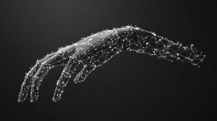 A simple, triangular robot arm is designed to build structures in nature. The arm is made of connected dots and is a 3D model that represents advanced robotics and technology.low poly wireframe.