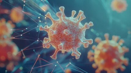 A digital illustration shows a virus spreading around the world.  It highlights the importance of preventing pneumonia and protecting global health during a coronavirus outbreak.low poly wireframe.