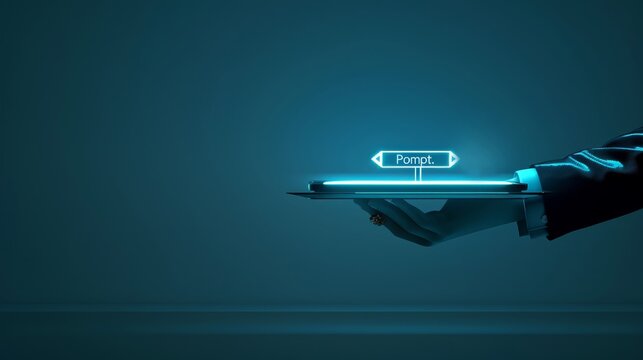 A digital Tray Held by Hand Abstract Data in a High-Tech Cyberpunk Holographic Design Ready to use command prompt box