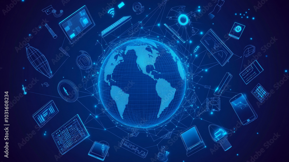 Poster this image shows a blue planet earth connected to a network of devices, representing the internet of