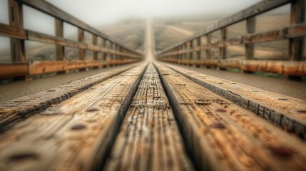 Foggy Wooden Bridge Perspective in Nature