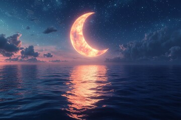Fototapeta premium A serene scene of a crescent moon hanging low over a calm sea, with shimmering reflections of stars on the water's surface, perfect for a relaxing, tranquil wallpaper.